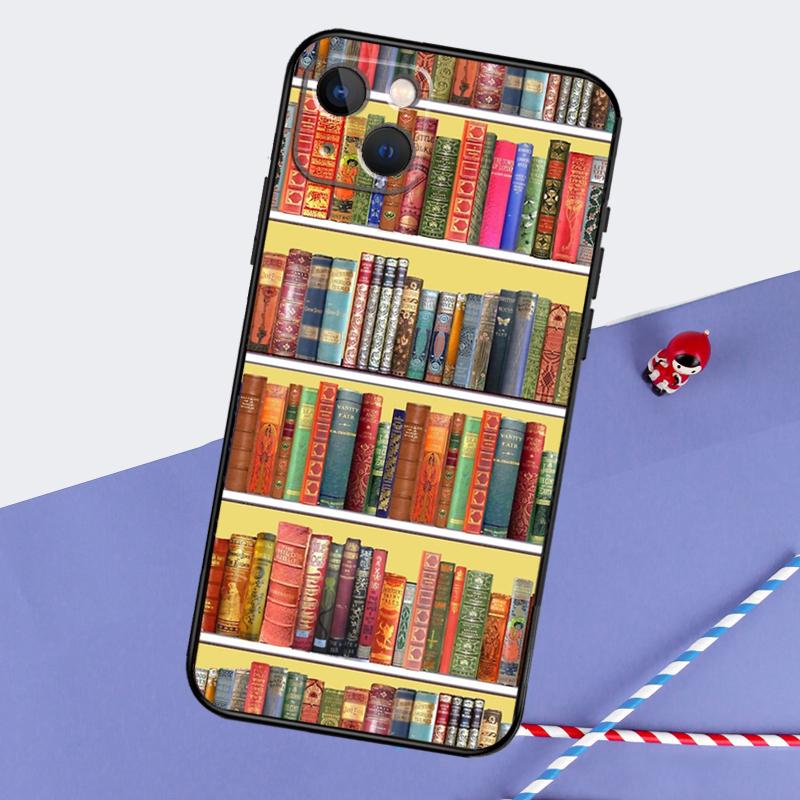 Vintage BOOK Bookworm Bookshelf Phone Case For iPhone 16 Pro 15 Pro 11 12 13 14 Pro Max Mini XR 16e 15 16 Plus Cover Shell