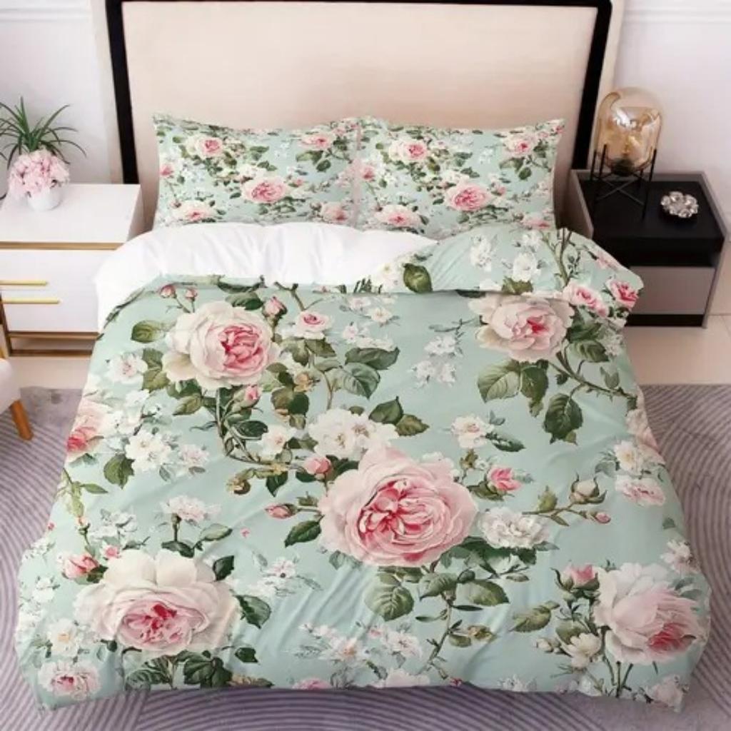 High-End Premium Pink Peony Patern Soft Duvet Cover Quen Sized Dimensions Colorful Floral Set Pink Background Botanical Flowers Peony Beding Set 3 Pcs