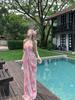 Seaside Vacation High-end Beach Dress Pure Desire Sexy Pink Floral Suspender Dress Women's Floor Skirt