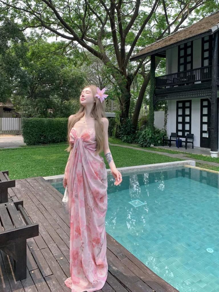 Seaside Vacation High-end Beach Dress Pure Desire Sexy Pink Floral Suspender Dress Women's Floor Skirt