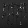 2pcs/set Black Or Silvery Unisex Punk Stainless Steel Cross Cone Feather Chain Pendant Hoop Earrings Ear Stud Jewelry Set