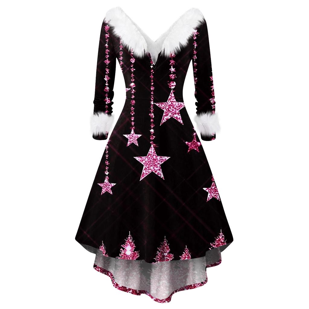 Dámské módní ležérní přiléhavé šaty s vánočním potiskem na párty s dlouhým rukávem