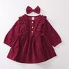 Baby Girl Dress, High-Waist Midi, Long Sleeve Round Collar Ruffle Buttons Princess Pleated Fall Skirt Headband