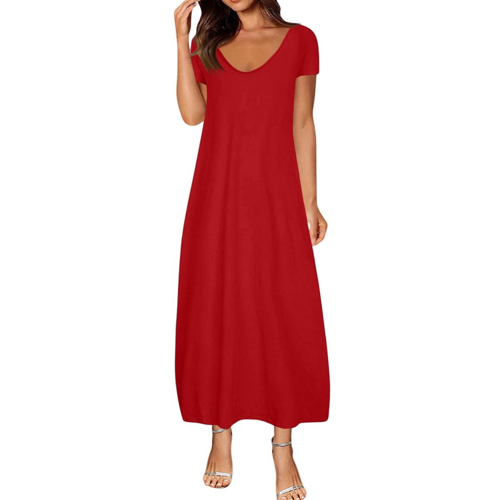 Women's Summer Plus Size Solid Color Sexy Short Sleeve With Pockets Loose Dresses