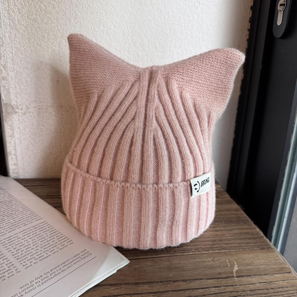 Cute Solid Cat Ears Shape Design Women Wool Knitting Hat For Fall Winter And