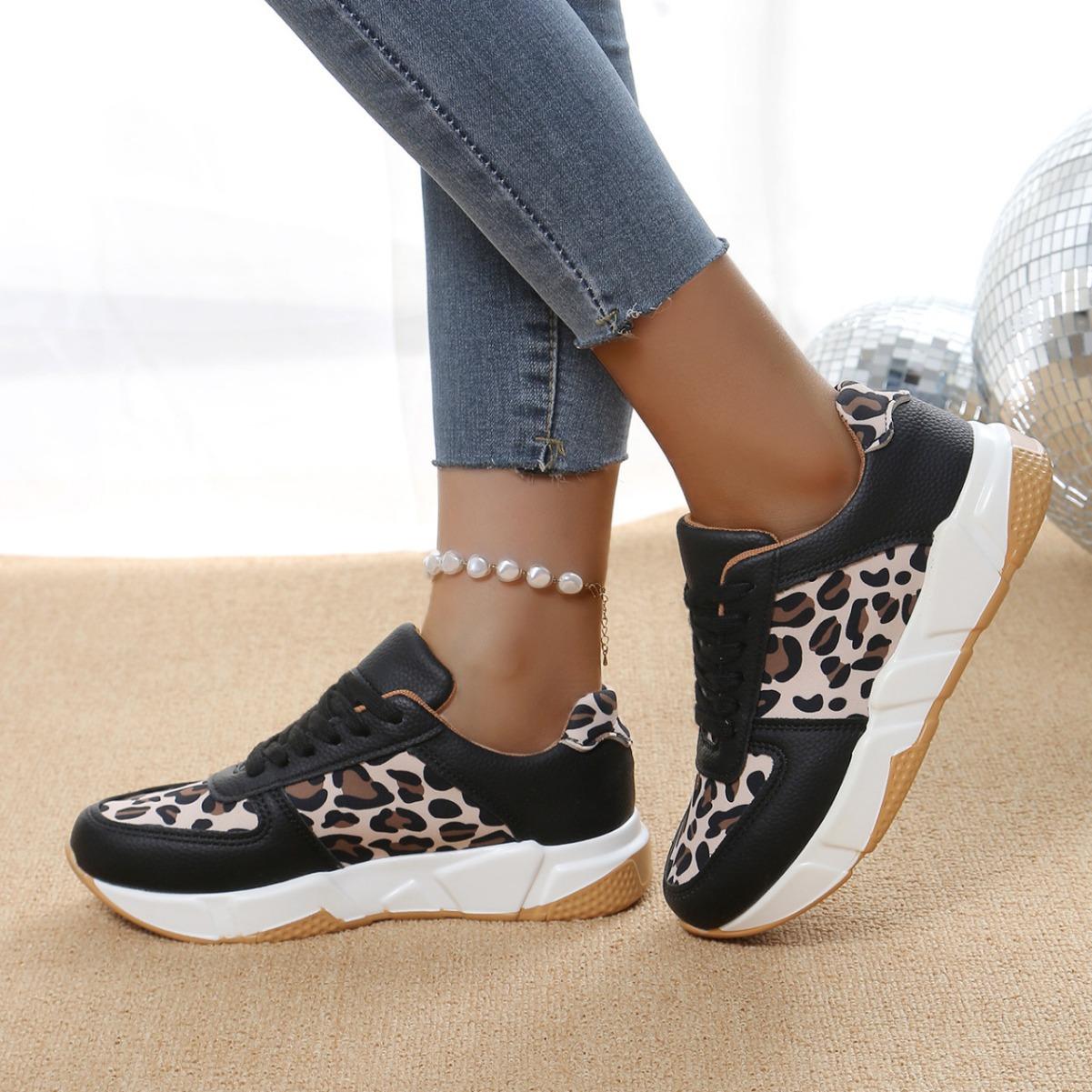 

2024 spring new leopard print casual single shoes women s flat bottom lace-up foreign trade large size sports casual shoes size 43 36
