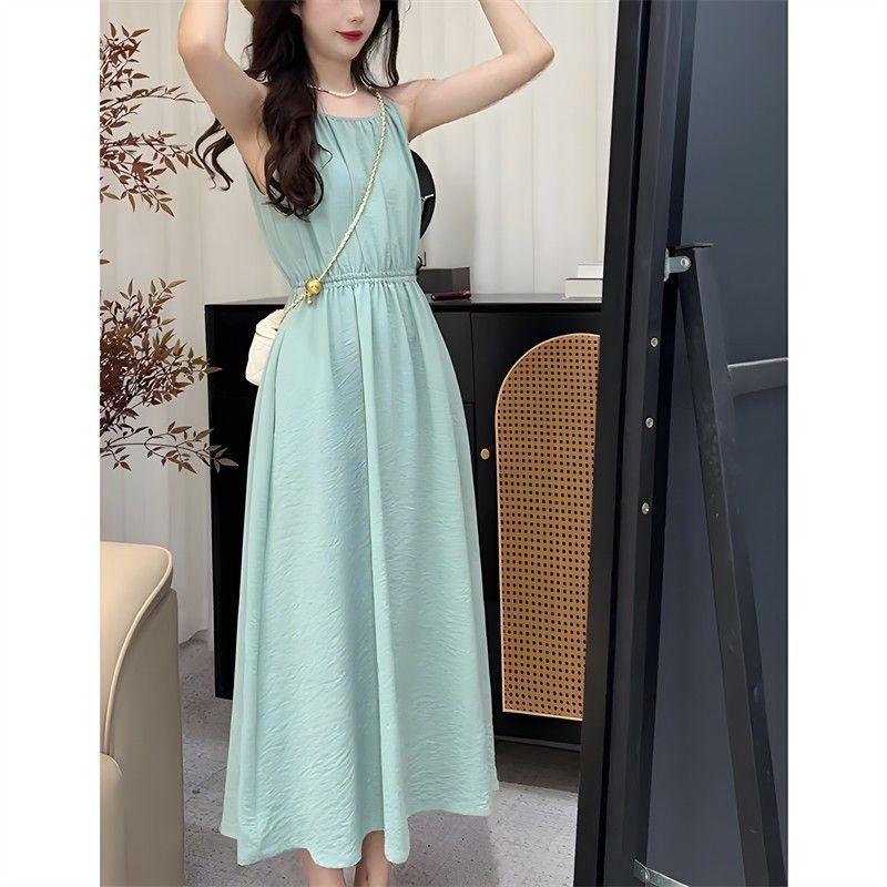 Blue French neck sling dress children's summer new seaside vacation style sleeveless beach dress