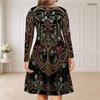 Women Plus Size V Neck Long Sleeve Black Floral Printed Curved Hem Dress