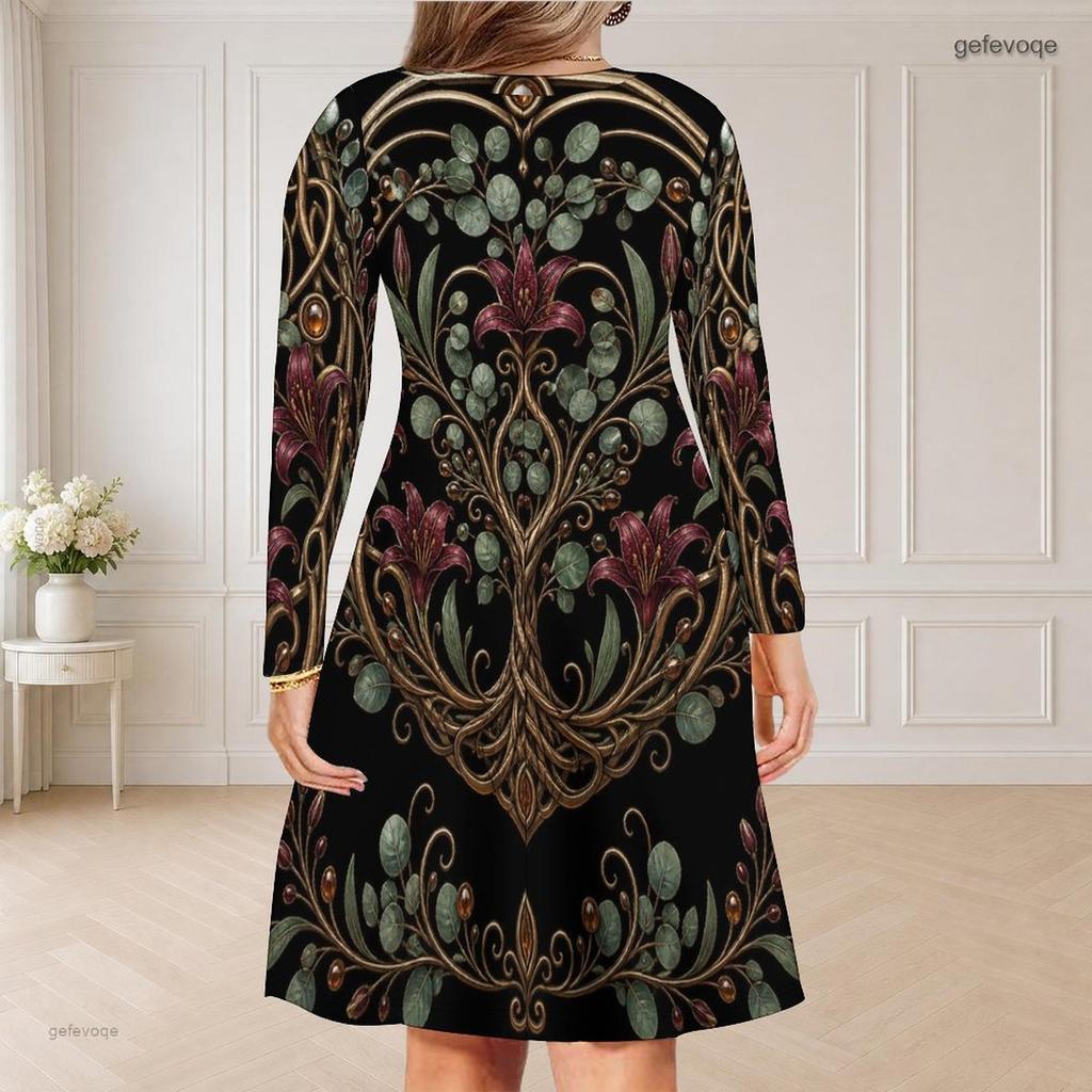 Women Plus Size V Neck Long Sleeve Black Floral Printed Curved Hem Dress