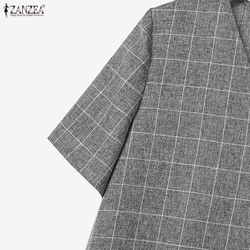 ZANZEA Women Short Sleeve Blouse and Shorts Plaid Print Casual Two Piece Suit Sets