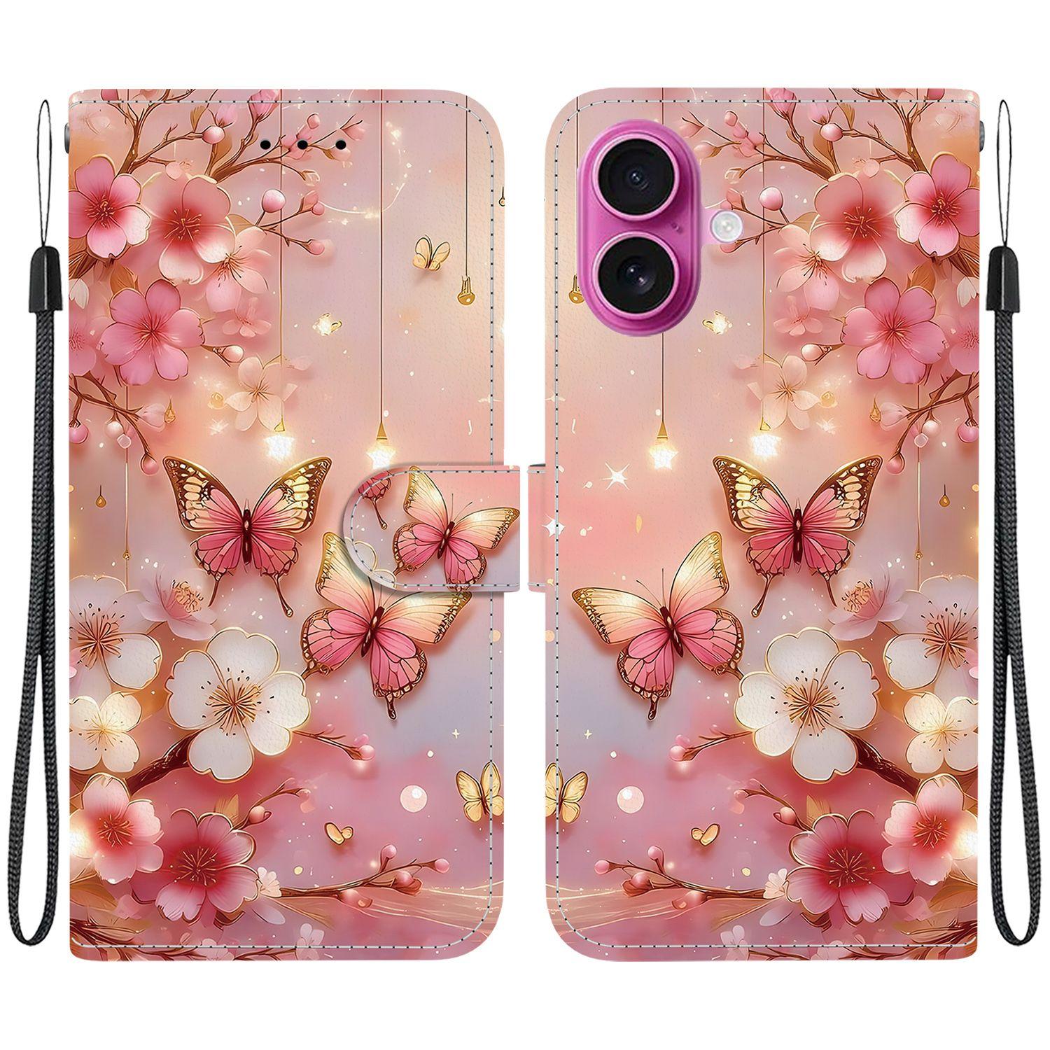 For iPhone 17 Leather Case Stand Wallet Pattern Printing Phone Cover with Wrist Strap D