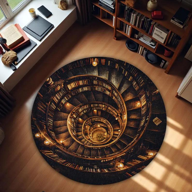3D Effect Printed Spiral Staircase Round Carpet Vintage Castle Library Rug Medieval Style Home Decor Absorbent Non-Slip Doormat