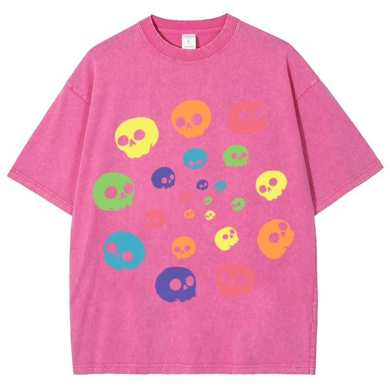 Cute Funny Style Colorful Skull Print Women's T-Shirt Round Neck Loose Oversized Short Sleeve Fashion Design Vintage Top Tee