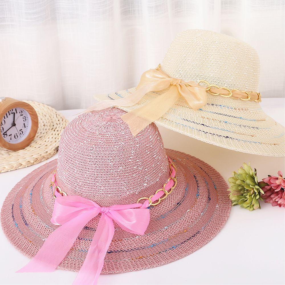 Summer New Women's Versatile Sunshade Hat Sunscreen UV Foldable Large Brimmed Grass Hat Bow Sun Hat Beach