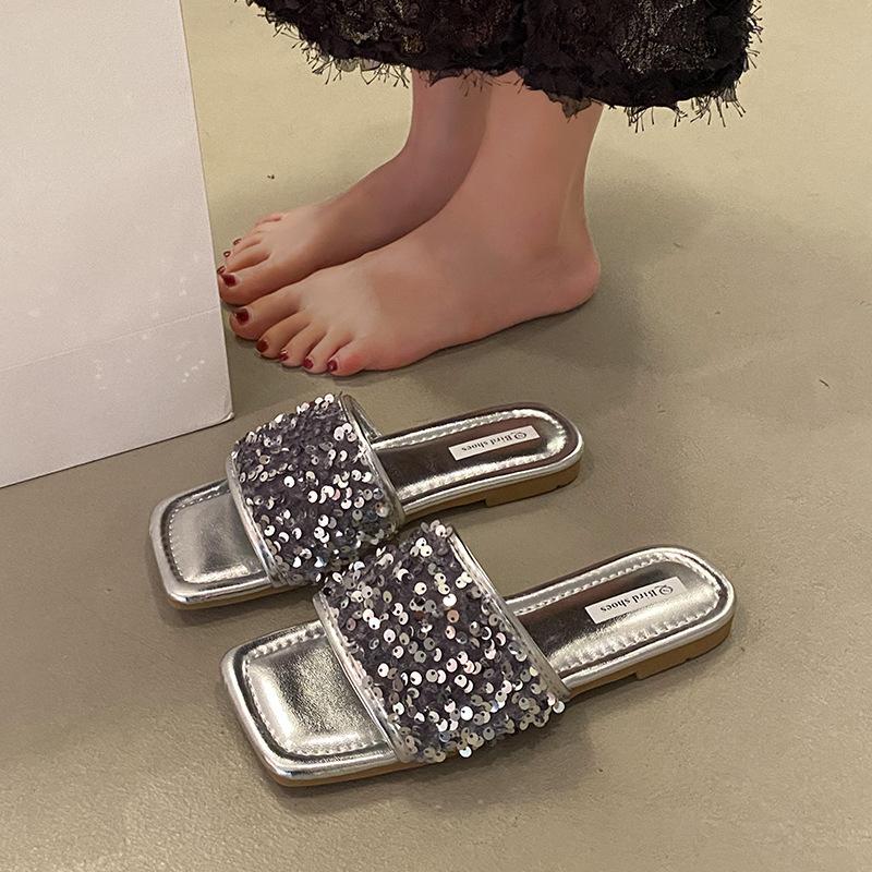 Beliebte Französische Strass Feenschuhe One-Flip Flache Absatzsandalen Out Schwarz Sommer Pailletten Hausschuhe Frau