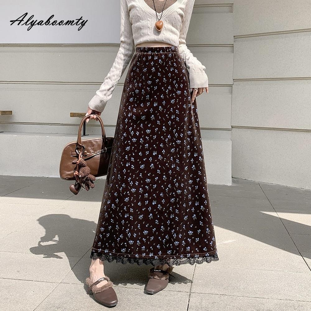 

Прерийный шик Осень Зима Женская юбка миди А-силуэта с высокой талией Черная Коричневая с цветочным принтом Бархатная юбка Винтажная теплая флисовая юбка с кружевом One Size коричневый