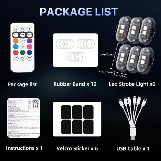 6PCS Wireless LED Lights For Car With Remote Control, High Brightness Wireless LED Strobe Light 8 Colors USB Charge IP65 Waterproof Anti-Collision