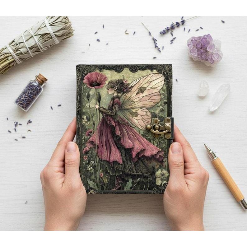 Handmade Fairy Leather Grimoire – Book of Shadows with Lock
