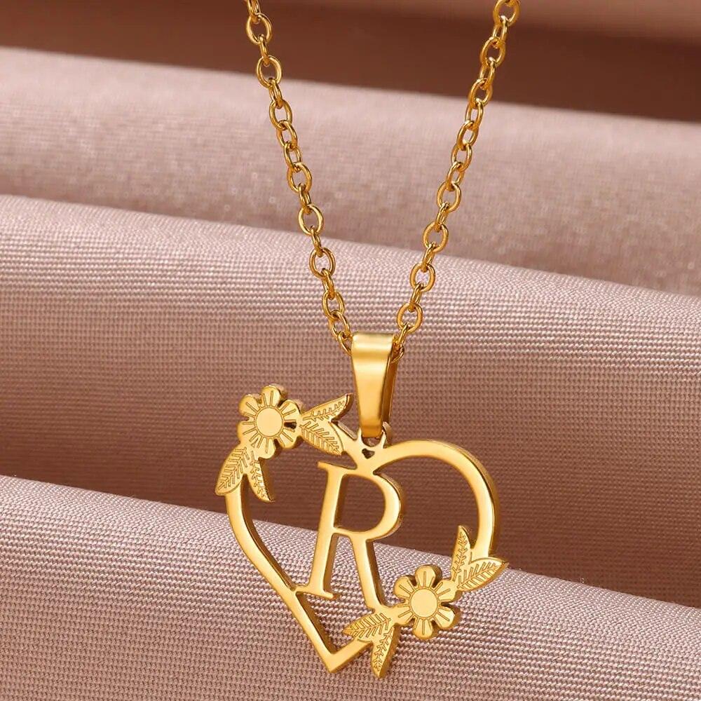 Zlatá farba Jemný kvetinový náhrdelník s iniciálami pre ženy a dievčatá z nehrdzavejúcej ocele Srdiečko s písmenom Choker náhrdelník Najlepšie darčeky Abecedné šperky
