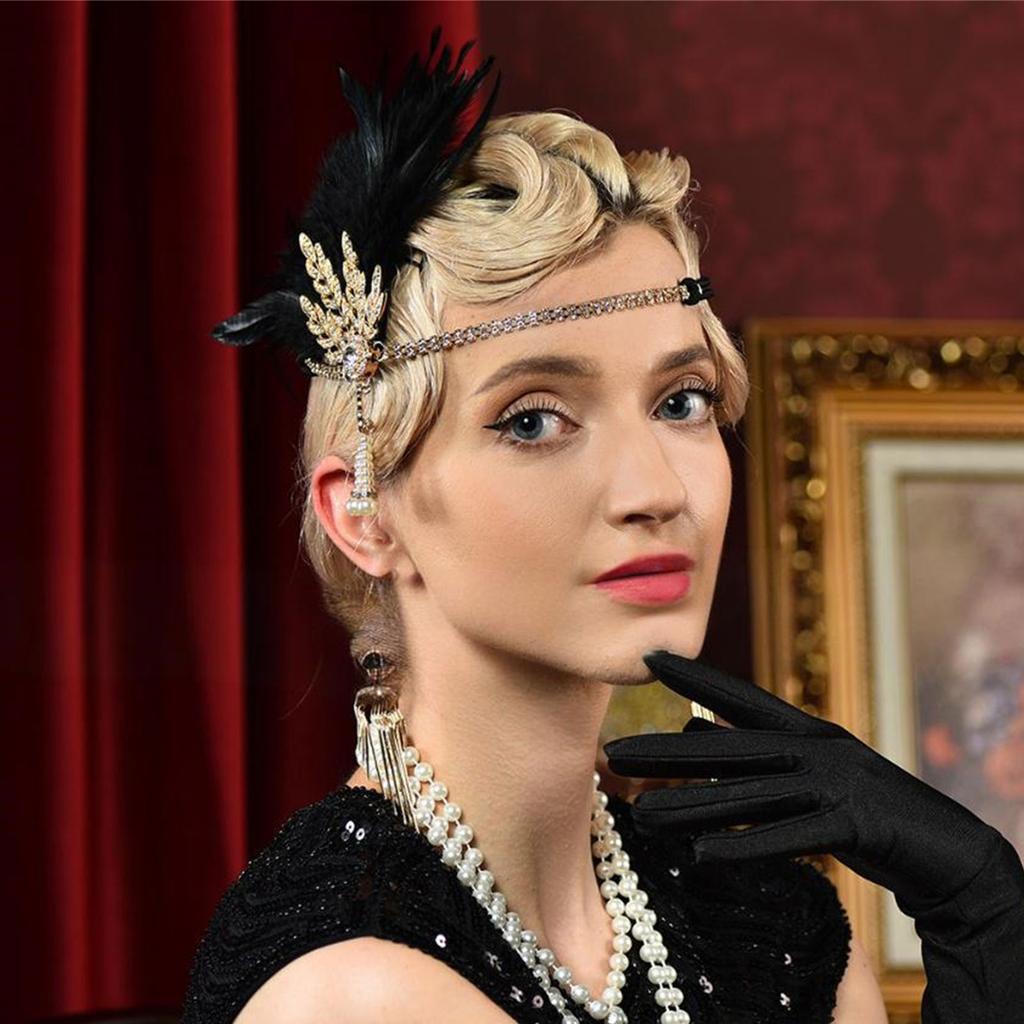 1920s Elegant Rhinestone Leaf Feathered Hairband For Wedding Party and Formal Event Comfortable Elastic Band Headwear