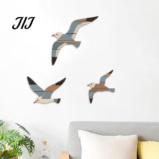 Bohemian Wood Hanging Decor 3/4Pcs Seagull Wall Decor, Nautical Coastal Theme Art, 3D Wooden Bird Adhesive Sculpture for Home Bedroom Living Room Hand
