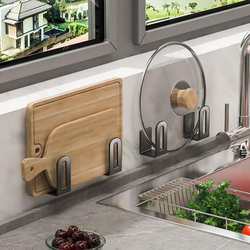 2pcs Wall Mounted Kitchen Organizer - No Drilling Pot Lid Rack & Cutting Board Holder Wall Hanging Rack for Kitchen Bathroom
