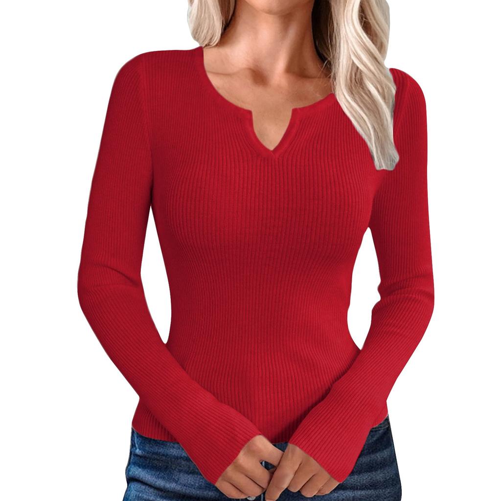 Women's Casual Solid Color V Neck Slim Button Knit Sweater Long Sleeved Base Sweater Sweater