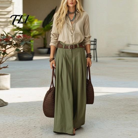 Casual Matching Sets Women Two Piece Set for Fall, V Neck Collared Shirt & Wide Leg Pants, Loose Fit Trousers Autumn Outfits Suit