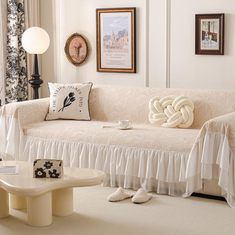 1pcs French Irregular Printed Sofa Cushion Chiffon Skirt Edge Sofa Blanket Anti Slip and Cat Scratch Resistant Bench Cloth Machine Washable Non-deform