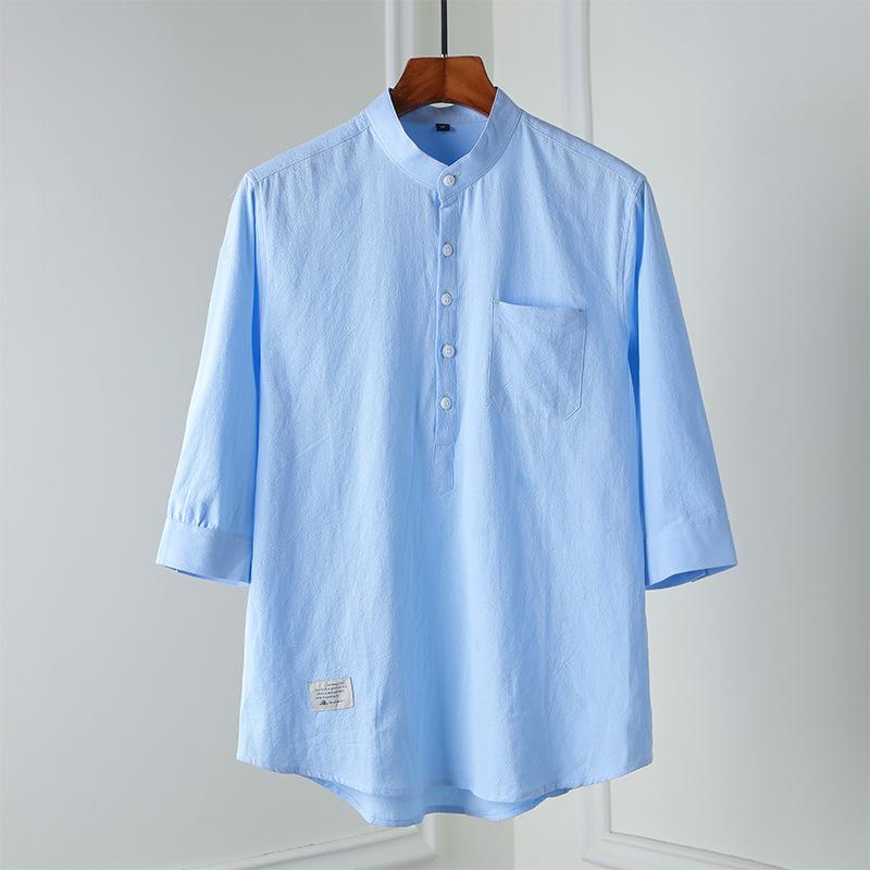 

Summer Men s Cotton and Linen Short-sleeved T-shirt New Loose Half-sleeved Clothes Five-quarter-sleeved Summer Clothes 4XL небесно-голубой
