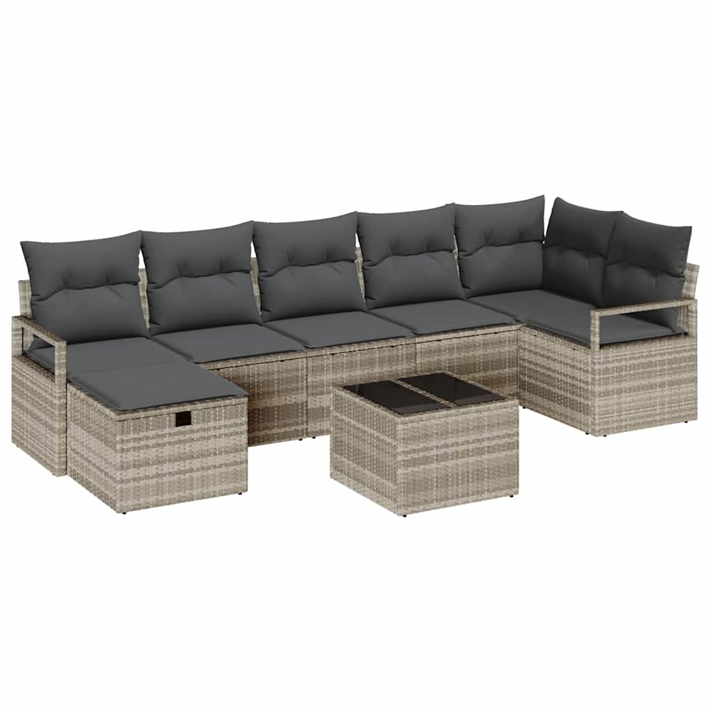 8 Piece Light Grey Poly Rattan Sofa Set with Cushions and Storage