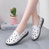 Woman's Summer Leather Hollow Out Embroidered Shoes Round Toe Shallow Slip On Flat Sole Cave Sandals Lightweight Work Shoes
