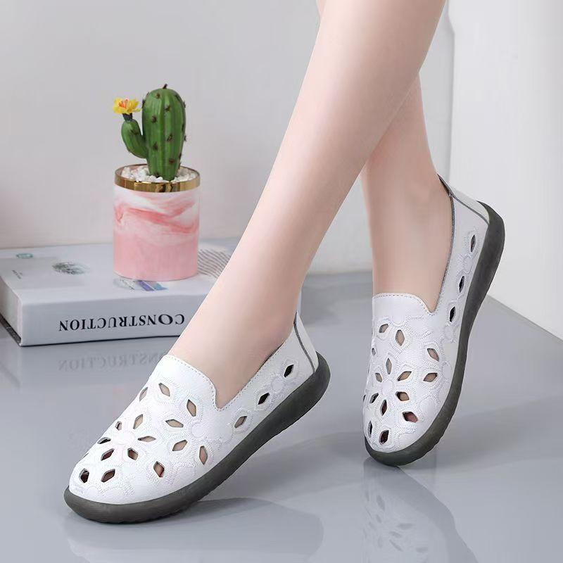 Woman's Summer Leather Hollow Out Embroidered Shoes Round Toe Shallow Slip On Flat Sole Cave Sandals Lightweight Work Shoes
