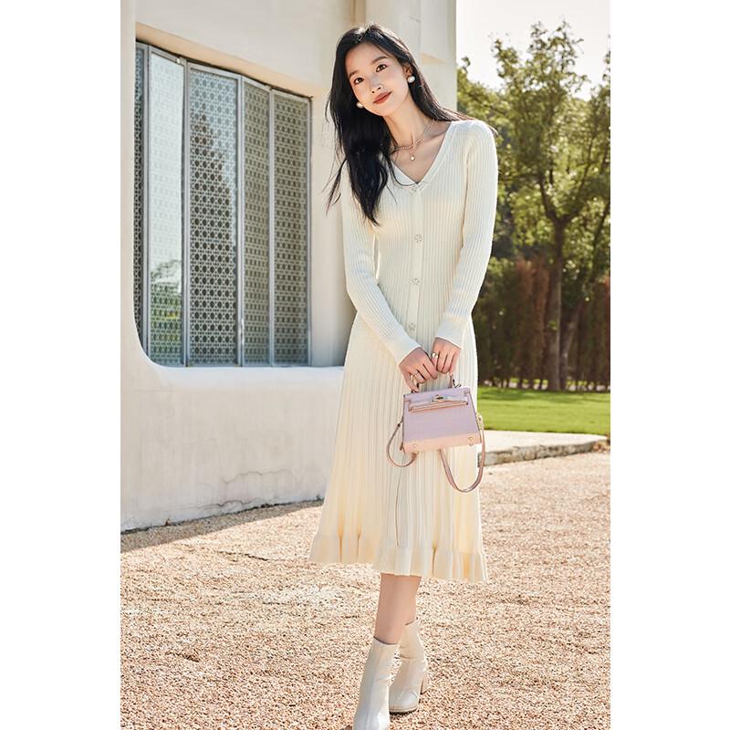 VICTORIA&VERA Women's Winter Ribbed V-Neck Knit Midi Dress