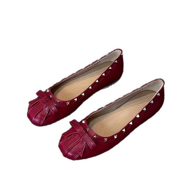 Cowhide Version~ Bow Sweet Rivet Versatile Light Luxury Spring and Autumn New Single Shoes Women's Retro Design Flat Milk Shoes