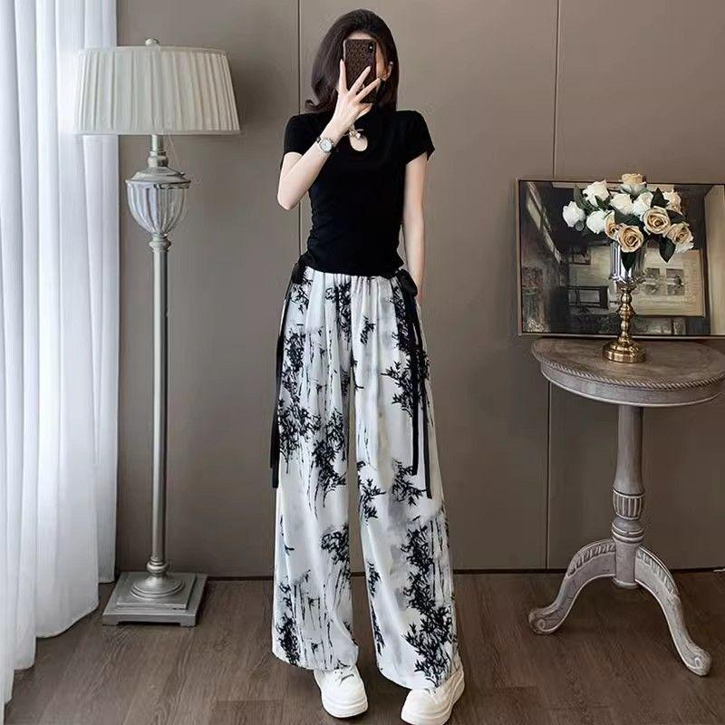 

Летние брюки Ice Silk 2024 года с широкими штанинами: Китайский стиль, высокая талия, облегающий крой, повседневный и стильный M [96-110 lbs]