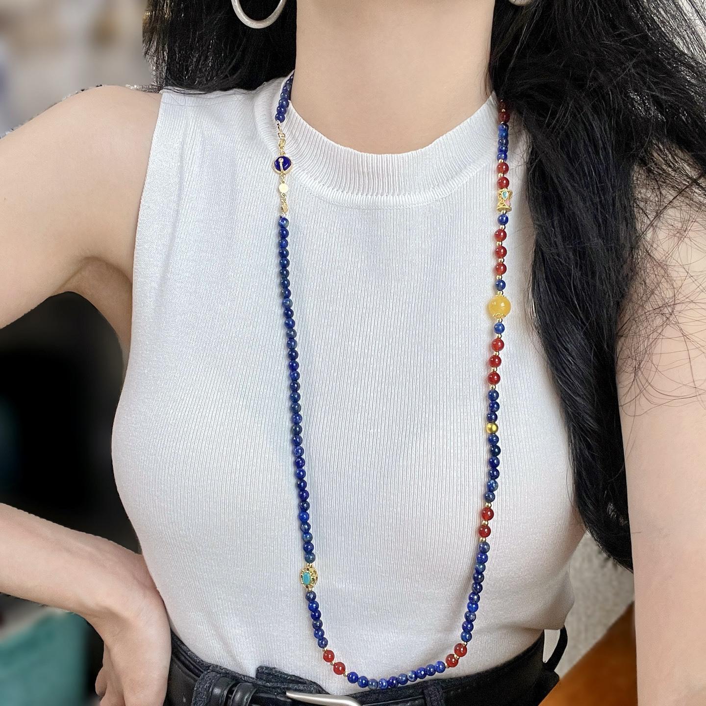 5Mm High Quality Natural Lapis Lazuli Chalcedony Beeswax Design Sense Collarbone Chain Necklace Sweater Chain