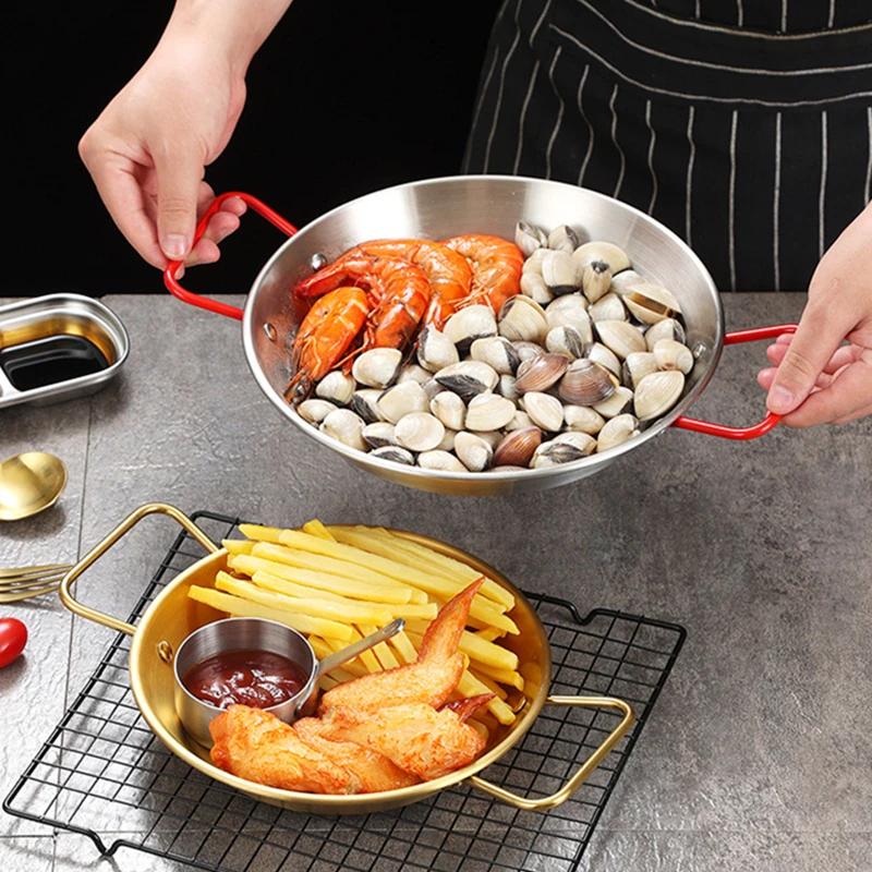 Stainless Steel Cooking Pot Frying Pan thickening with Double Handle Snack Plate Food Storage Tray Kitchen Tools