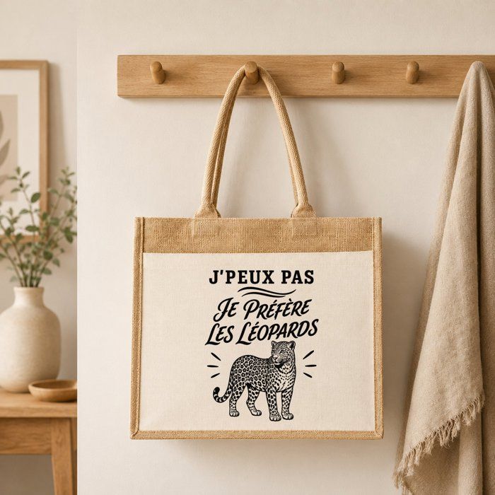 Sac cabas - PLANETEE - J'peux pas je préfère les Léopards - Toile de jute & coton - 21 L (43×33×21 cm) - Illustration léopards