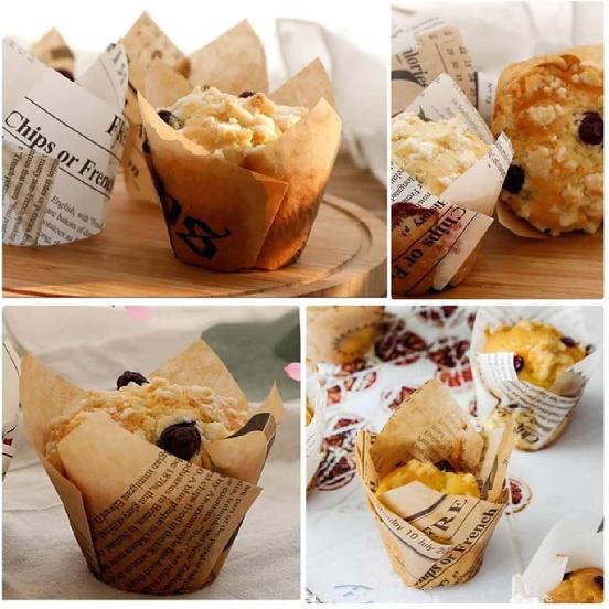 200pcs Tulip Cupcake & Muffin Tins Liners, 2” Standard Newspaper Pattern Paper Baking Cups Nature and White