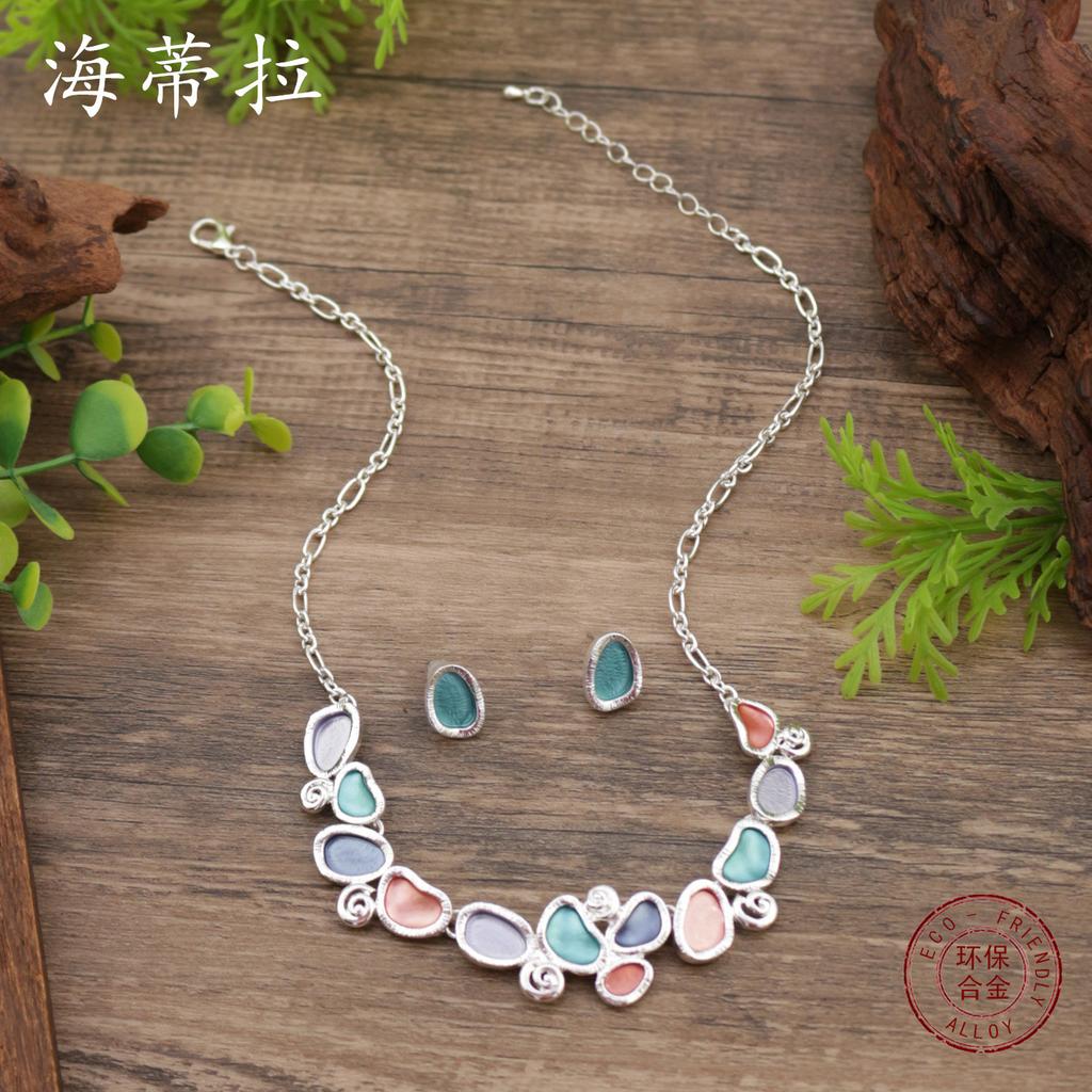 New Enamel Color Oval Stud Earrings Necklace Set, Women's Simple and Versatile Geometric Oval Stud Earrings Necklace