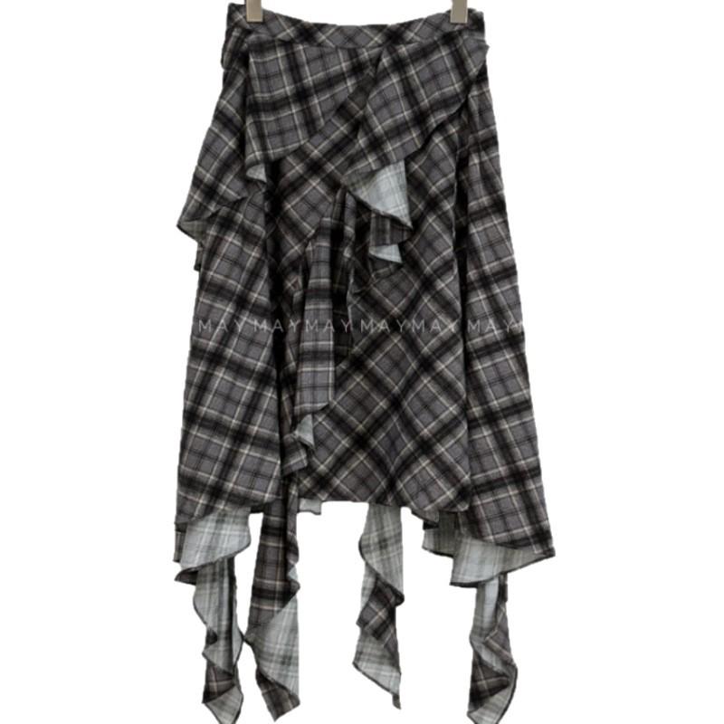 2026 Korean Chic Retro Plaid Asymmetrical Skirt
