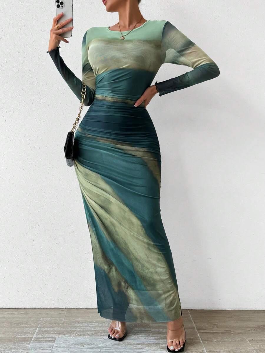 

2026 European & American Fashion Mesh Print Ruffle Bodycon Dress Extra Large зелёный