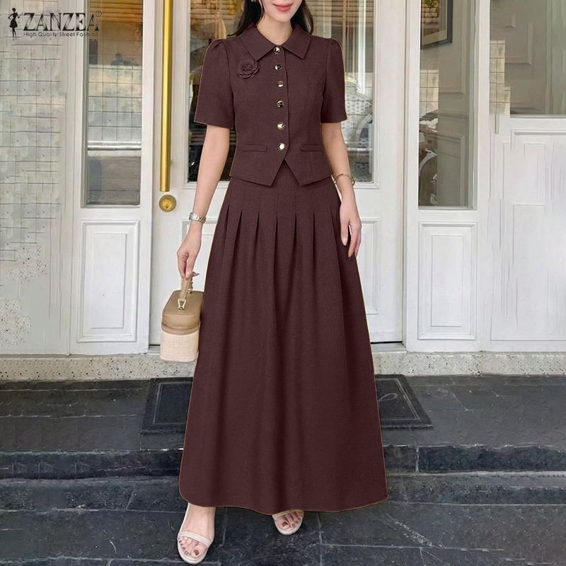 ZANZEA Women Short Sleeve Blouse and Long Skirts Summer Two Piece Suit Sets