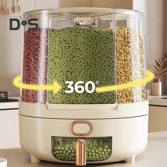 Distribuidor de cereais giratório de 360 graus, recipiente de arroz com tampa, grande capacidade, vários compartimentos, organizador de armazenamento de grãos