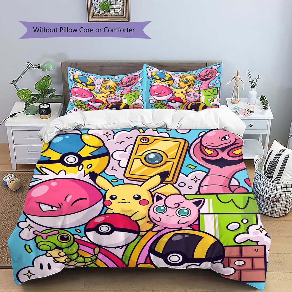 Pokemon Pikachu Pattern Bedding Quilt Set Quilt Cover Pillowcase Home Decoration Birthday Gift (1 * duvet cover + 2 * pillowcase, without core)