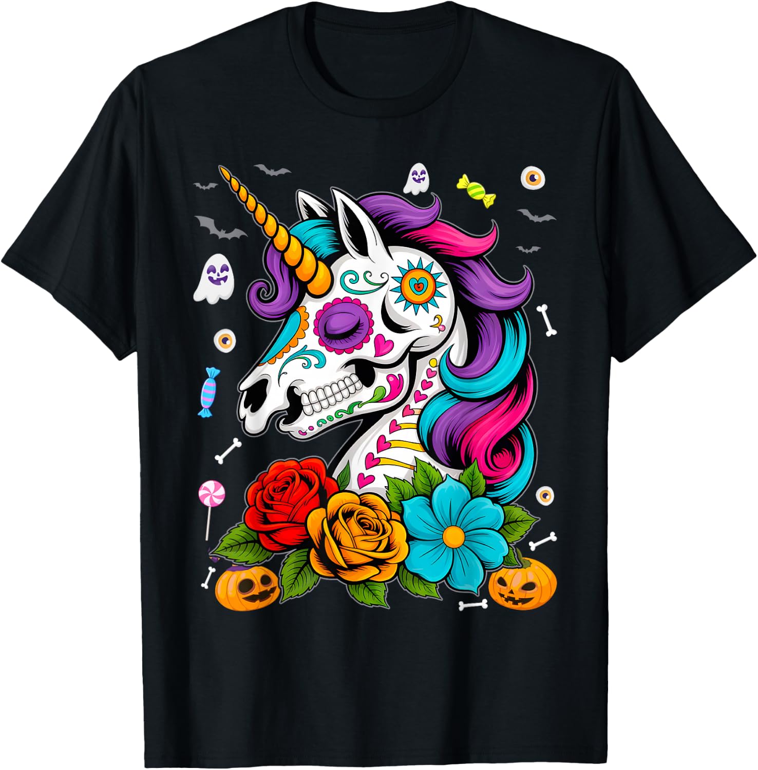 Funny Cute Sugar Skull Unicorn Halloween T-Shirt XXXXL