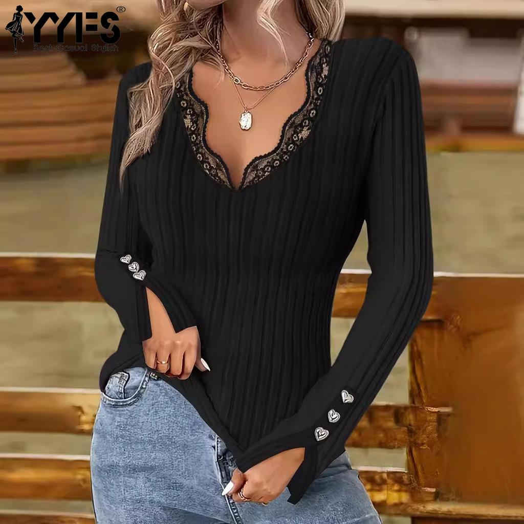 YYFS Blusas y camisas con cuello en V de manga larga con estampado de Color sólido informal a la moda para mujer