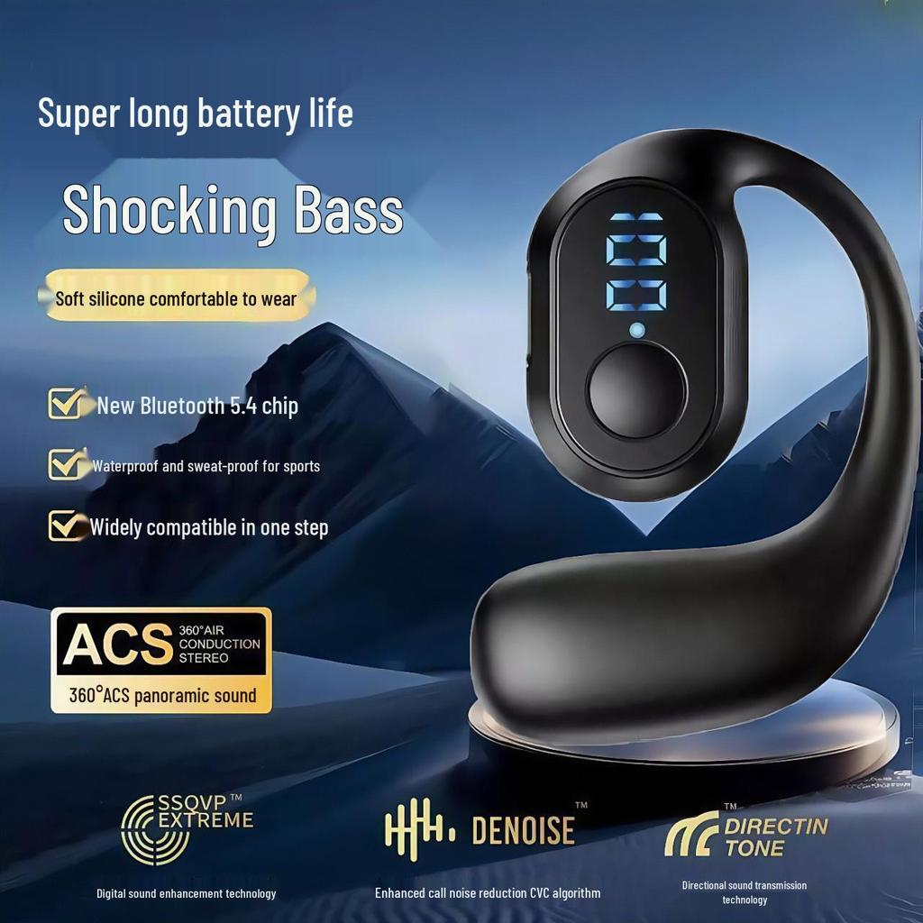 OWS Bone Conduction Wireless Earphones - Over-Ear, Noise-Cancelling, Sporty Design with Digital Display