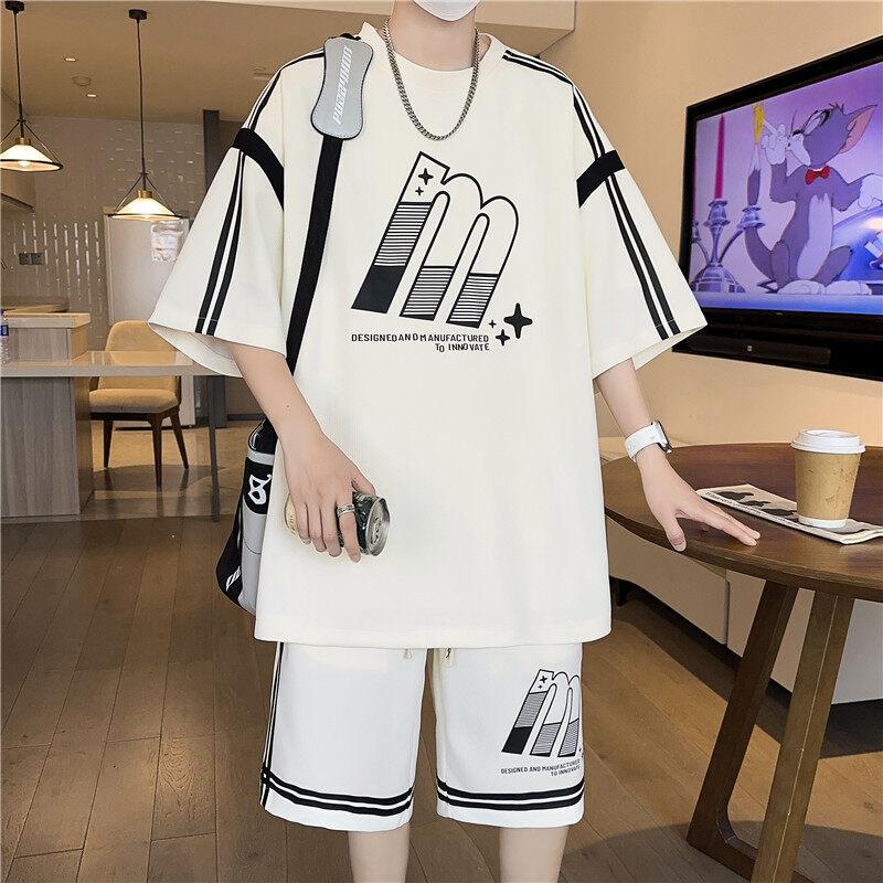 Men's 2 Piece Outfit Letter Print Oversized T-shirt & Shorts Casual Summer Sportswear Set